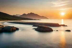 das Sonne steigt an Über ein Strand und Berge. KI-generiert foto