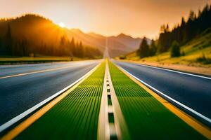 ein lange Autobahn mit das Sonne Rahmen hinter Es. KI-generiert foto