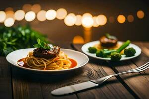 Spaghetti und Fleischklößchen auf ein hölzern Tisch. KI-generiert foto