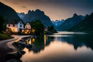 ein Haus sitzt auf das Ufer von ein See beim Sonnenuntergang. KI-generiert foto