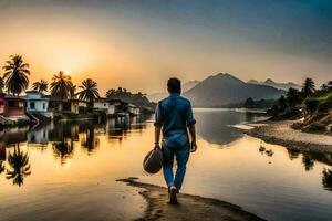 ein Mann Gehen entlang das Ufer von ein Fluss beim Sonnenuntergang. KI-generiert foto