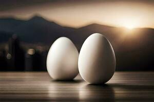 zwei Eier auf ein Tabelle mit ein Sonnenuntergang im das Hintergrund. KI-generiert foto