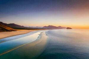 das Strand und Berge beim Sonnenuntergang. KI-generiert foto