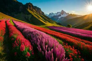 Blumen im das Berge beim Sonnenuntergang. KI-generiert foto