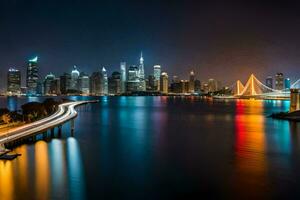 das Stadt Horizont beim Nacht mit Beleuchtung auf das Wasser. KI-generiert foto