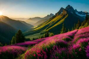 das Sonne steigt an Über das Berge und Blumen im das Vordergrund. KI-generiert foto