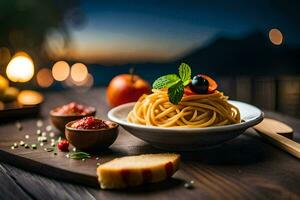 Spaghetti mit Tomate Soße und Brot auf ein hölzern Tisch. KI-generiert foto