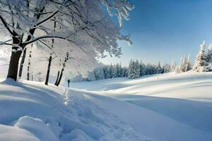 ein schneebedeckt Landschaft mit Bäume und Schnee. KI-generiert foto