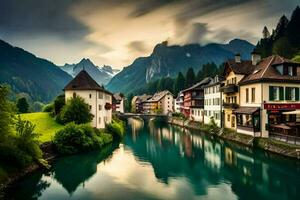 ein Fluss läuft durch ein Stadt, Dorf im das Berge. KI-generiert foto