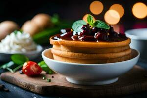 Pfannkuchen mit Kirschen und Beeren im ein Schüssel. KI-generiert foto