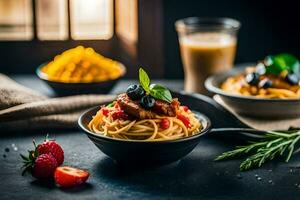 Spaghetti mit Fleisch und Gemüse im ein Schüssel. KI-generiert foto