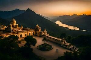 das Sonnenuntergang Über das See und Berge im Indien. KI-generiert foto