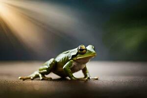 ein Frosch ist Sitzung auf ein hölzern Boden. KI-generiert foto