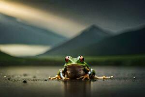 ein Frosch Sitzung auf das Boden im Vorderseite von ein Berg. KI-generiert foto