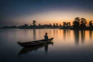 ein Mann im ein Boot auf ein See beim Sonnenuntergang. KI-generiert foto