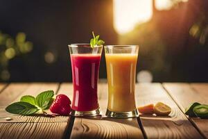 zwei Brille von Saft auf ein hölzern Tisch. KI-generiert foto