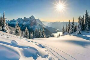 Schnee bedeckt Berge und Bäume im das Sonne. KI-generiert foto