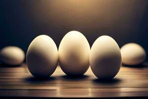 fünf Eier auf ein Tabelle mit ein Licht leuchtenden auf ihnen. KI-generiert foto
