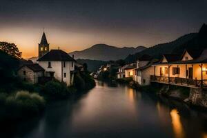 ein Fluss läuft durch ein Stadt, Dorf beim Sonnenuntergang. KI-generiert foto