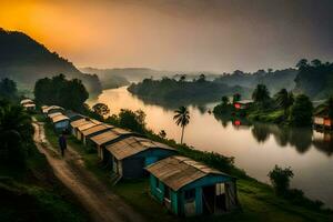 ein Fluss und etwas Häuser durch James Kim. KI-generiert foto