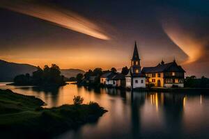 ein Kirche sitzt auf das Ufer von ein See beim Sonnenuntergang. KI-generiert foto