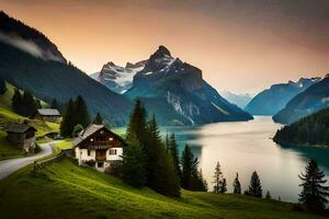 ein See und Berg Angebot mit ein Haus auf das Seite. KI-generiert foto