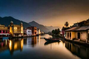 ein Fluss im Indien beim Sonnenuntergang mit Boote und Gebäude. KI-generiert foto