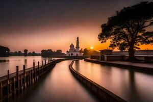 das Sonne setzt Über ein See mit ein Moschee im das Hintergrund. KI-generiert foto