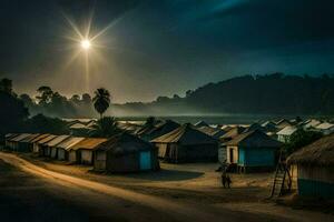 ein Dorf beim Nacht mit Hütten und ein hell Sonne. KI-generiert foto