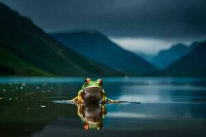 ein Frosch Sitzung auf das Kante von ein See im das Berge. KI-generiert foto