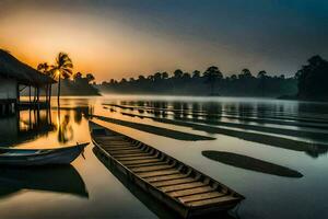 ein Boot sitzt auf das Wasser beim Sonnenaufgang. KI-generiert foto