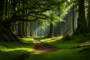 ein Pfad durch ein Wald mit Bäume und Gras. KI-generiert foto