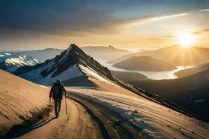 ein Person Gehen Nieder ein Berg Straße beim Sonnenuntergang. KI-generiert foto