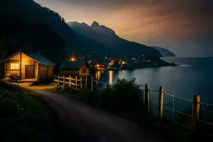 Foto Hintergrund das Himmel, Berge, Meer, Straße, Haus, Kabine, Nacht, Norwegen. KI-generiert