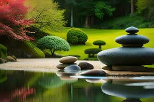 ein japanisch Garten mit Steine und Bäume. KI-generiert foto