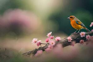 ein Vogel ist thront auf ein Ast mit Rosa Blumen. KI-generiert foto