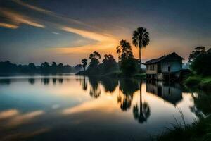 ein Haus auf das Wasser beim Sonnenuntergang. KI-generiert foto