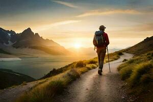 ein Mann mit ein Rucksack Gehen auf ein Weg im das Berge. KI-generiert foto