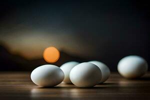 Weiß Eier auf ein Tabelle mit ein Licht im das Hintergrund. KI-generiert foto