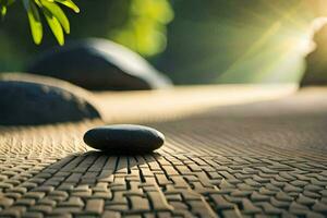 ein Zen Stein sitzt auf das Boden im Vorderseite von ein Baum. KI-generiert foto