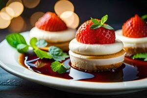 drei Mini Käsekuchen mit Erdbeeren auf ein Weiß Platte. KI-generiert foto