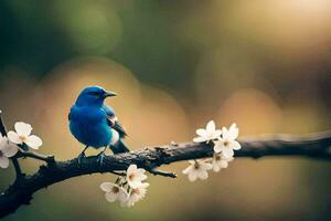 ein Blau Vogel ist thront auf ein Ast mit Blumen. KI-generiert foto