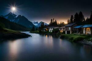 Foto Hintergrund das Himmel, Berge, Fluss, Mond, das Mond, das Nacht, das Berge. KI-generiert