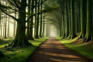 ein Pfad durch ein Wald mit Bäume und Gras. KI-generiert foto