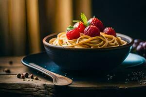 Spaghetti mit Himbeeren und Minze auf ein hölzern Tisch. KI-generiert foto