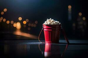 ein Eimer von Popcorn auf ein Tabelle mit Beleuchtung im das Hintergrund. KI-generiert foto