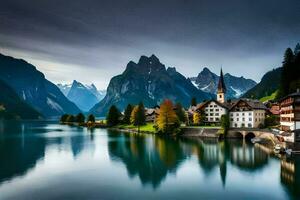 ein schön Berg Dorf sitzt auf das Kante von ein See. KI-generiert foto