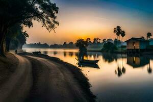 ein Boot ist Sitzung auf das Ufer von ein Fluss beim Sonnenuntergang. KI-generiert foto