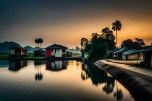 ein Fluss beim Sonnenuntergang mit Häuser und Palme Bäume. KI-generiert foto