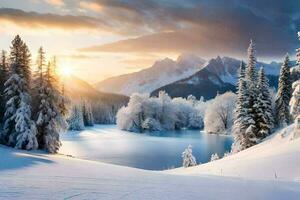 Schnee bedeckt Bäume und Berge beim Sonnenuntergang. KI-generiert foto